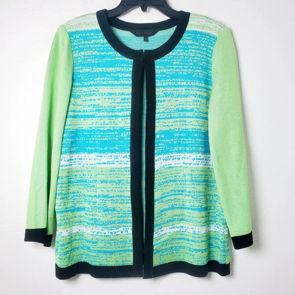 Ming Wang Sweater Knit Jacket Blazer Green Turquoise Striped Open Front Large - Picture 13 of 13